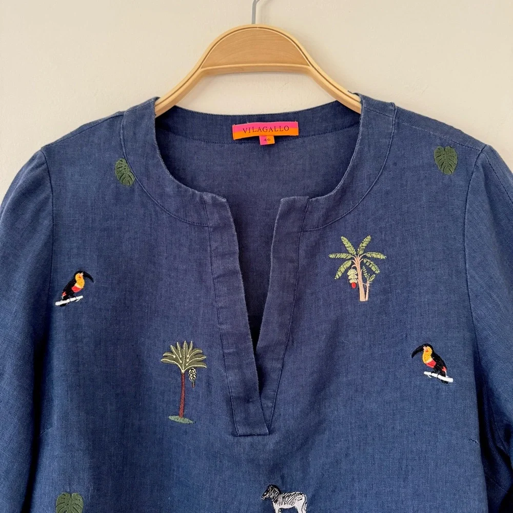 Vilagallo Navy Linen Embroidered Tropical Blouse with Toucan & Palm Motifs Sz 12 - Picture 2 of 13